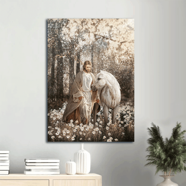 Jesus Portrait Poster Home Decor Gift – Christian Wall Art with Jesus Painting and Horse Drawing in Beautiful Forest