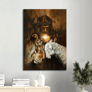 Jesus Portrait Poster Home Decor Gift - Lion and Lamb Painting Cross Symbol Beautiful Night - Christian Wall Art