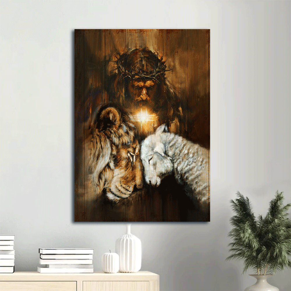 Jesus Portrait Poster Home Decor Gift – Lion and Lamb Painting Cross Symbol Beautiful Night – Christian Wall Art Jesus Portrait Poster Home Decor Gift – Lion and Lamb Painting Cross Symbol Beautiful Night – Christian Wall Art