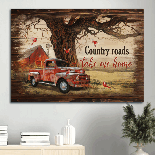 Christian Home Decor: Jesus Landscape Poster with Ladybug Car Red Cardinal & Countryside Painting – Perfect Gift for Country Roads Enthusiasts