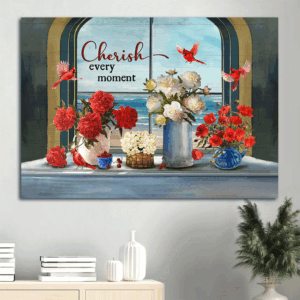 Vintage Jesus Landscape Poster with Cardinals and Beach View - Christian Home Decor Gift