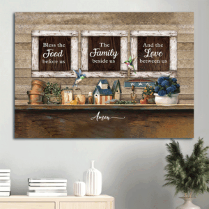 Vintage Kitchen Jesus Landscape & Hummingbird Poster Home Decor Gift - Bless The Food Before Us - Christian Gift