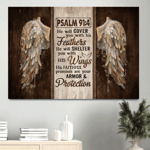 Vintage Wings Jesus Landscape Poster – Bible Verse Home Decor Gift for Christian – He Will Cover You With His Feathers