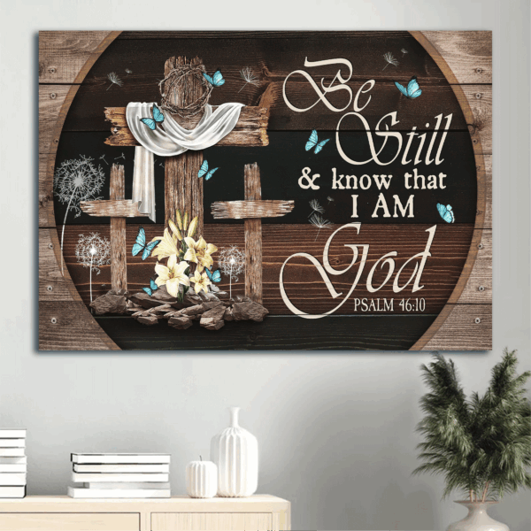 Christian Home Decor Gift: Jesus Landscape Poster with Cross Butterfly Lily – Be Still and Know – Wall Art for Believers