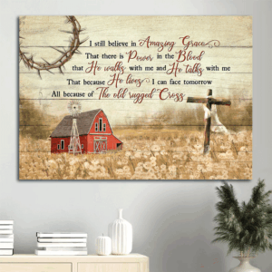 Vintage Jesus Landscape Poster with Wooden Cross and Red Barn - Christian Home Decor Gift Amazing Grace
