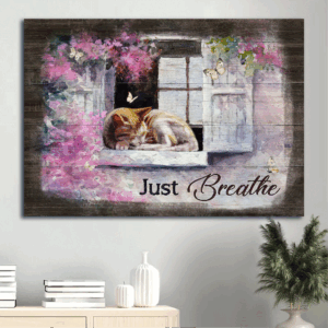 Christian Home Decor Gift: Jesus Landscape Poster - Pink Flower Garden Cat Butterfly - Just Breathe