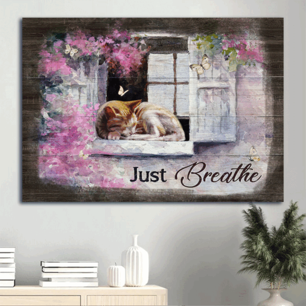 Christian Home Decor Gift: Jesus Landscape Poster – Pink Flower Garden Cat Butterfly – Just Breathe