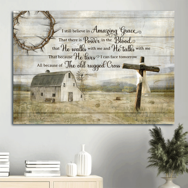 Vintage Jesus Landscape Poster Home Decor Gift: Tranquil Farm & Wooden Cross – Gift For Christian – Amazing Grace Art