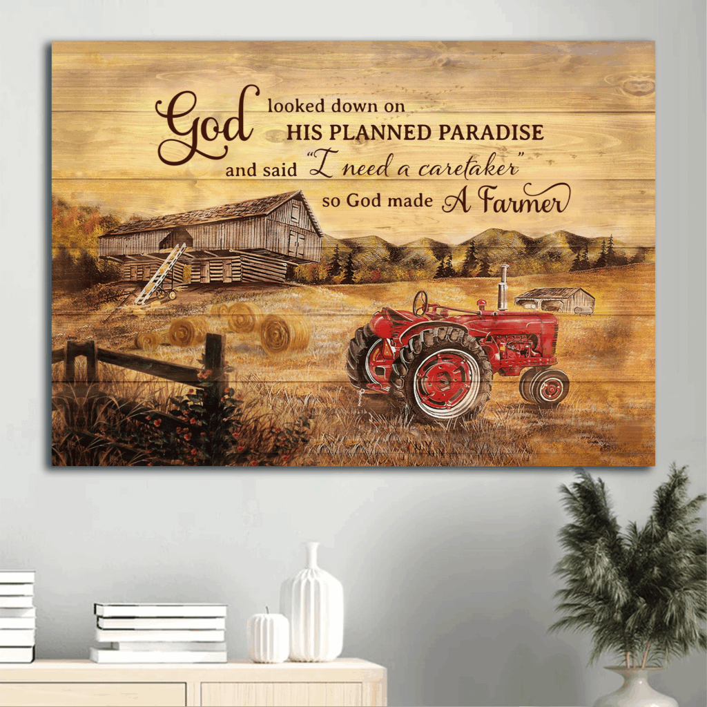 Christian Home Decor Gift: Jesus Landscape Poster with Paddy Field Electric Tricycle Old Barn Painting – God Made a Farmer Christian Home Decor Gift: Jesus Landscape Poster with Paddy Field Electric Tricycle Old Barn Painting – God Made a Farmer