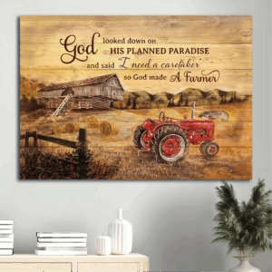 Christian Home Decor Gift: Jesus Landscape Poster with Paddy Field Electric Tricycle Old Barn Painting - God Made a Farmer