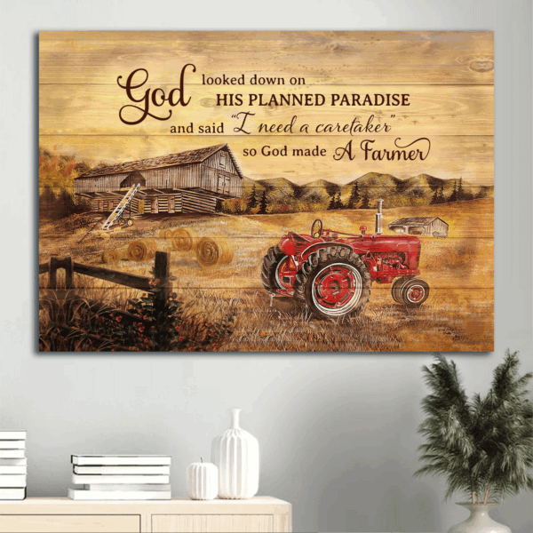 Christian Home Decor Gift: Jesus Landscape Poster with Paddy Field Electric Tricycle Old Barn Painting – God Made a Farmer