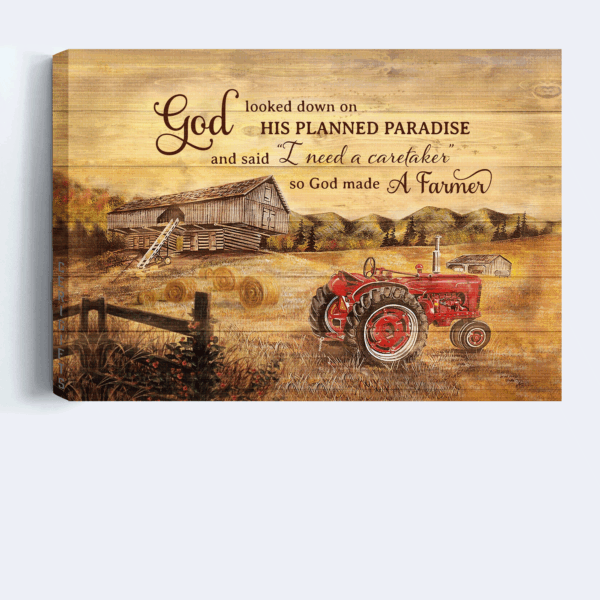 Christian Home Decor Gift: Jesus Landscape Poster with Paddy Field Electric Tricycle Old Barn Painting – God Made a Farmer