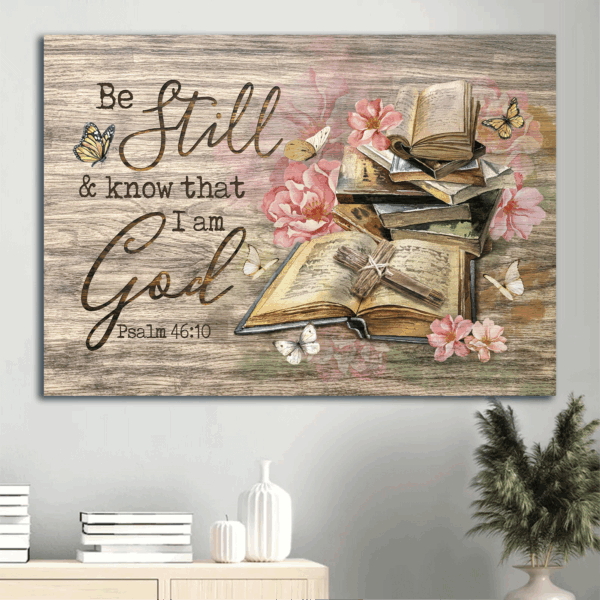 Christian Home Decor: Jesus Landscape Poster with Bible Books and Rugged Cross – Gift for Christians