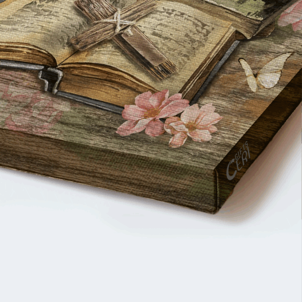 Christian Home Decor: Jesus Landscape Poster with Bible Books and Rugged Cross – Gift for Christians