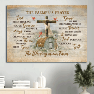 Jesus Landscape Poster Home Decor Gift - Peaceful Farm & Wooden Cross - Gift For Christian