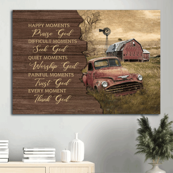 Vintage Jesus Landscape Poster: Old Car & Barn Painting Gift for Christian Home Decor