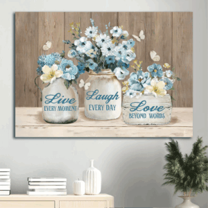 Christian Home Decor Gift: Jesus Landscape Poster with Pastel Flowers Blue Garden and Butterfly Drawing