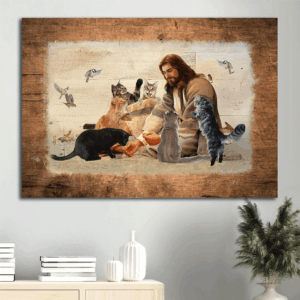 Jesus Landscape Poster Home Decor Gift - Christian Wall Art with Cats and Hummingbird Painting