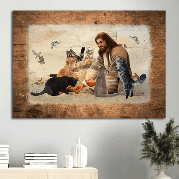 Jesus Landscape Poster Home Decor Gift – Christian Wall Art with Cats and Hummingbird Painting