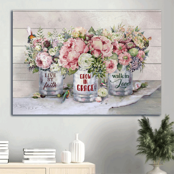 Christian Home Decor: Jesus Landscape Poster with Pastel Flowers and Hummingbird – Faith and Grace Gift