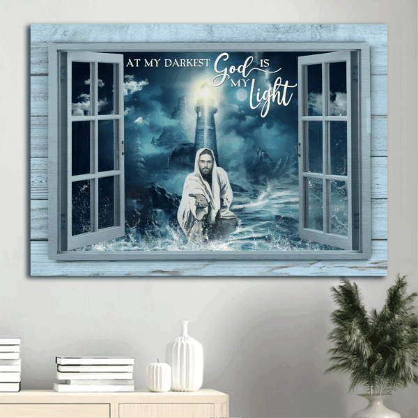 Jesus Lighthouse Storm Sea Painting Poster – Christian Home Decor Gift