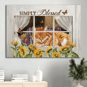 Jesus Landscape Poster Home Decor Gift - Orange Tabby Cat Sunflower Painting White Window - Gift For Christian - Simply Blessed
