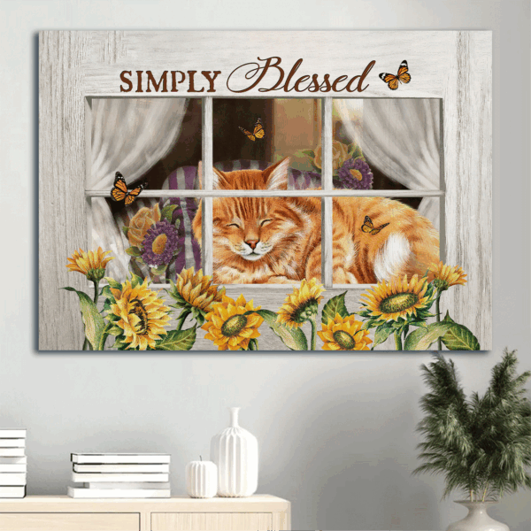 Jesus Landscape Poster Home Decor Gift – Orange Tabby Cat Sunflower Painting White Window – Gift For Christian – Simply Blessed