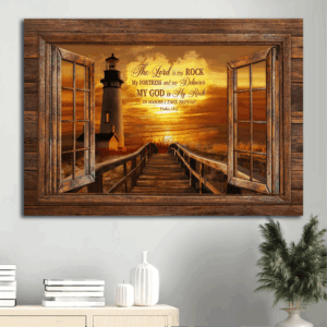 Christian Home Decor Gift: Jesus Lighthouse Sunset Painting Poster - My God is My Rock Landscape Art