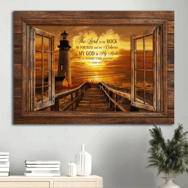 Christian Home Decor Gift: Jesus Lighthouse Sunset Painting Poster – My God is My Rock Landscape Art