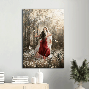 Jesus Portrait Poster Home Decor Gift - Christian Wall Art with Little Girl Drawing Forest Flowers and Butterfly