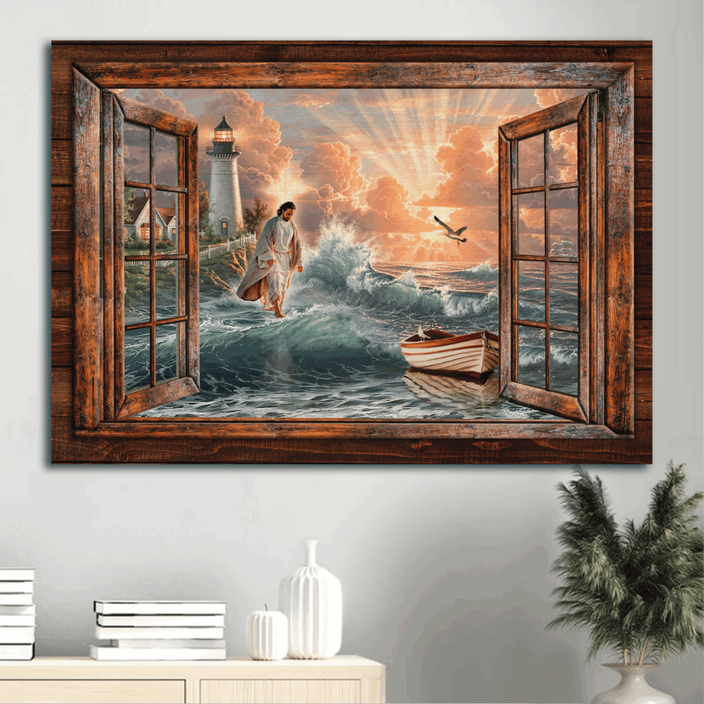 Jesus Landscape Poster Home Decor Gift – Walks on Water Lighthouse Sun Rises – Gift For Christian Jesus Landscape Poster Home Decor Gift – Walks on Water Lighthouse Sun Rises – Gift For Christian