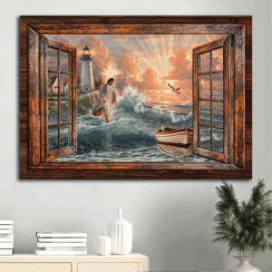Jesus Landscape Poster Home Decor Gift - Walks on Water Lighthouse Sun Rises - Gift For Christian