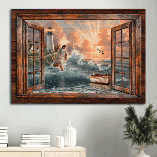 Jesus Landscape Poster Home Decor Gift – Walks on Water Lighthouse Sun Rises – Gift For Christian