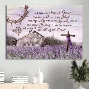 Jesus Landscape Poster - Lavender Farm Wooden Cross Purple Sky Home Decor Gift for Christian - Amazing Grace