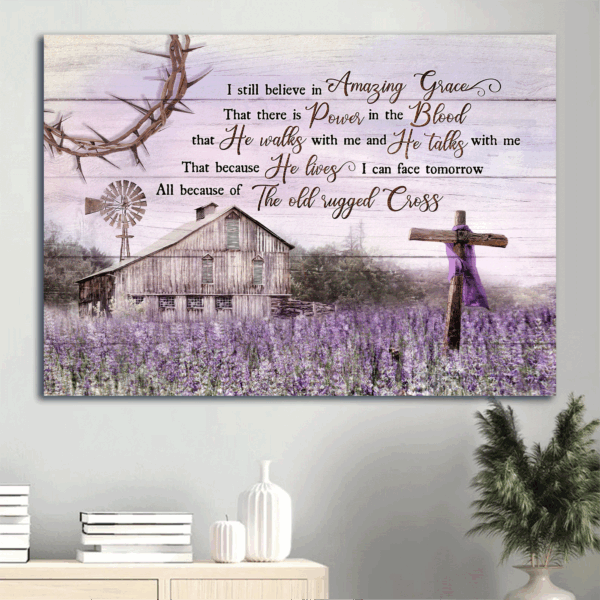 Jesus Landscape Poster – Lavender Farm Wooden Cross Purple Sky Home Decor Gift for Christian – Amazing Grace