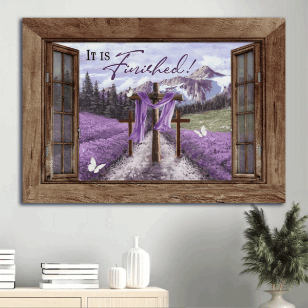 Jesus Landscape Poster – Lavender Field Forest & Cross Drawing – Christian Home Decor Gift