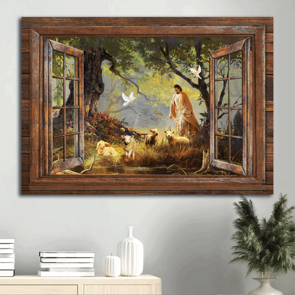 Jesus Landscape Poster Home Decor Gift – Lambs Painting Walking with Jesus Spring Forest Décor Jesus Landscape Poster Home Decor Gift – Lambs Painting Walking with Jesus Spring Forest Décor