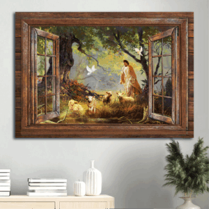 Jesus Landscape Poster Home Decor Gift - Lambs Painting Walking with Jesus Spring Forest Décor