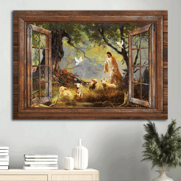 Jesus Landscape Poster Home Decor Gift – Lambs Painting Walking with Jesus Spring Forest Décor