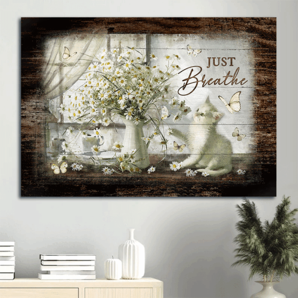 Vintage Jesus and Cat Landscape Poster: Perfect Gift for Christian and Cat Lovers – Just Breathe
