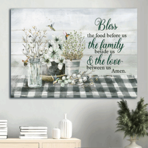 Christian Home Decor Gift Set - Jesus Landscape & Hummingbird Pray Poster - Bless the Food Before Us