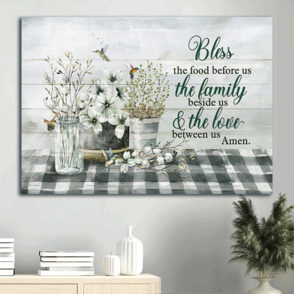 Christian Home Decor Gift Set – Jesus Landscape & Hummingbird Pray Poster – Bless the Food Before Us