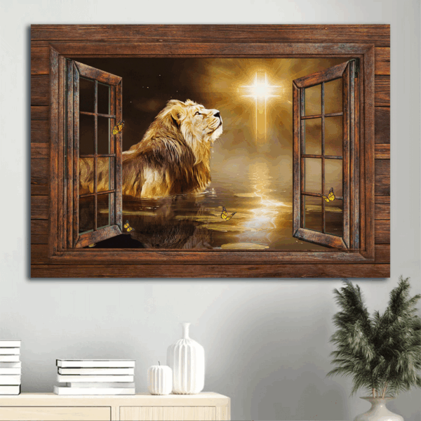 Jesus Landscape Poster – Lion of Judah Light Cross Magic Lake – Christian Home Decor Gift