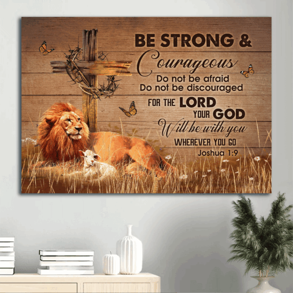 Christian Home Decor Gift: Jesus Lion of Judah & Lamb of God Landscape Poster – Be Strong & Courageous