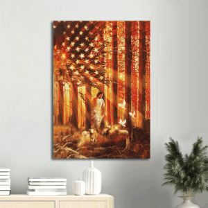 Jesus Portrait Poster Home Decor Gift - Walking with Lambs in Beautiful Forest - Christian Wall Art Print