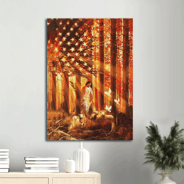 Jesus Portrait Poster Home Decor Gift – Walking with Lambs in Beautiful Forest – Christian Wall Art Print