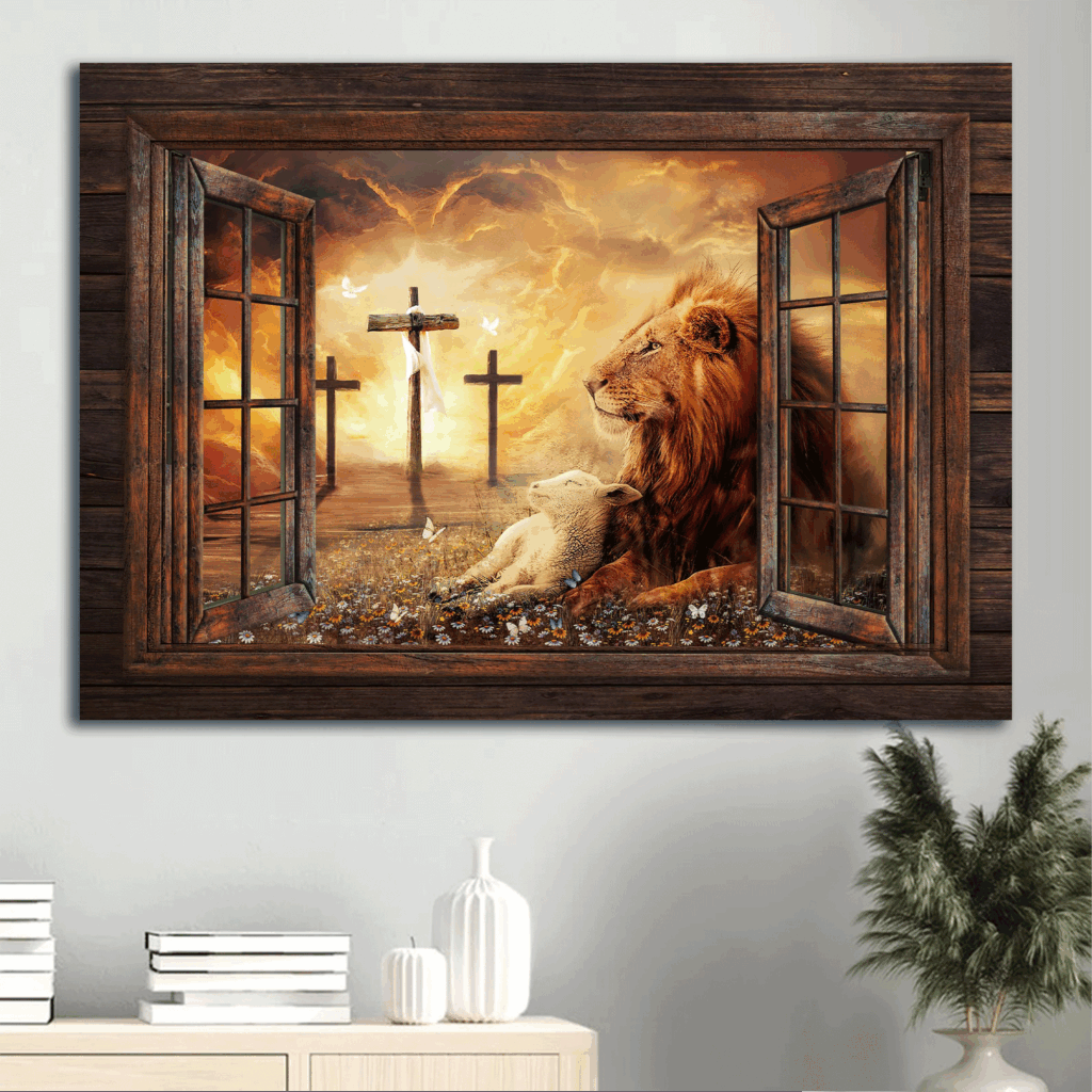 Christian Landscape Poster Home Decor Gift – Lion of Judah Lamb of God Three Crosses Christian Landscape Poster Home Decor Gift – Lion of Judah Lamb of God Three Crosses