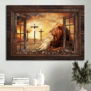 Christian Landscape Poster Home Decor Gift - Lion of Judah Lamb of God Three Crosses