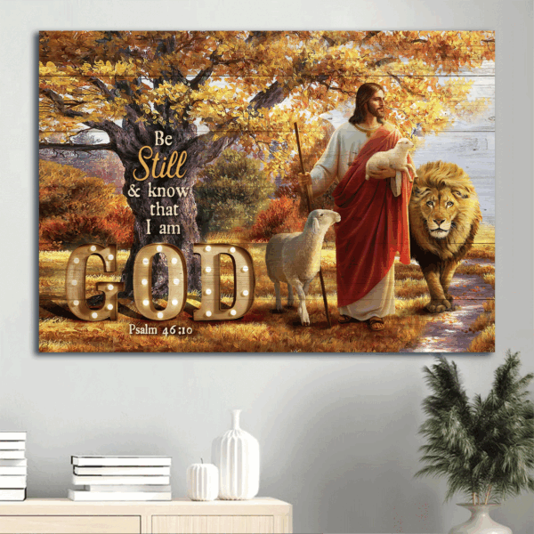 Christian Home Decor Gift: Jesus Lion of Judah Lamb of God Bible Verse Poster – Be Still and Know God