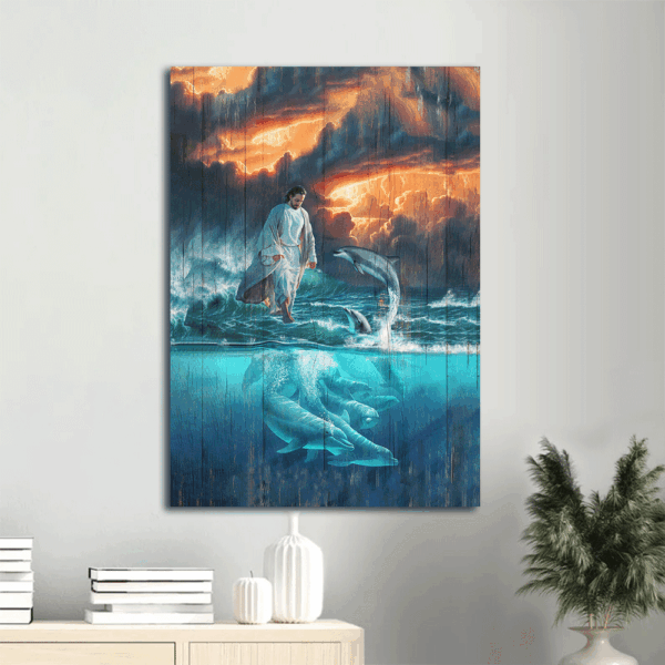 Jesus Walking on Water Portrait Poster – Beautiful Dolphin Christian Gift for Home Decor & Wall Art
